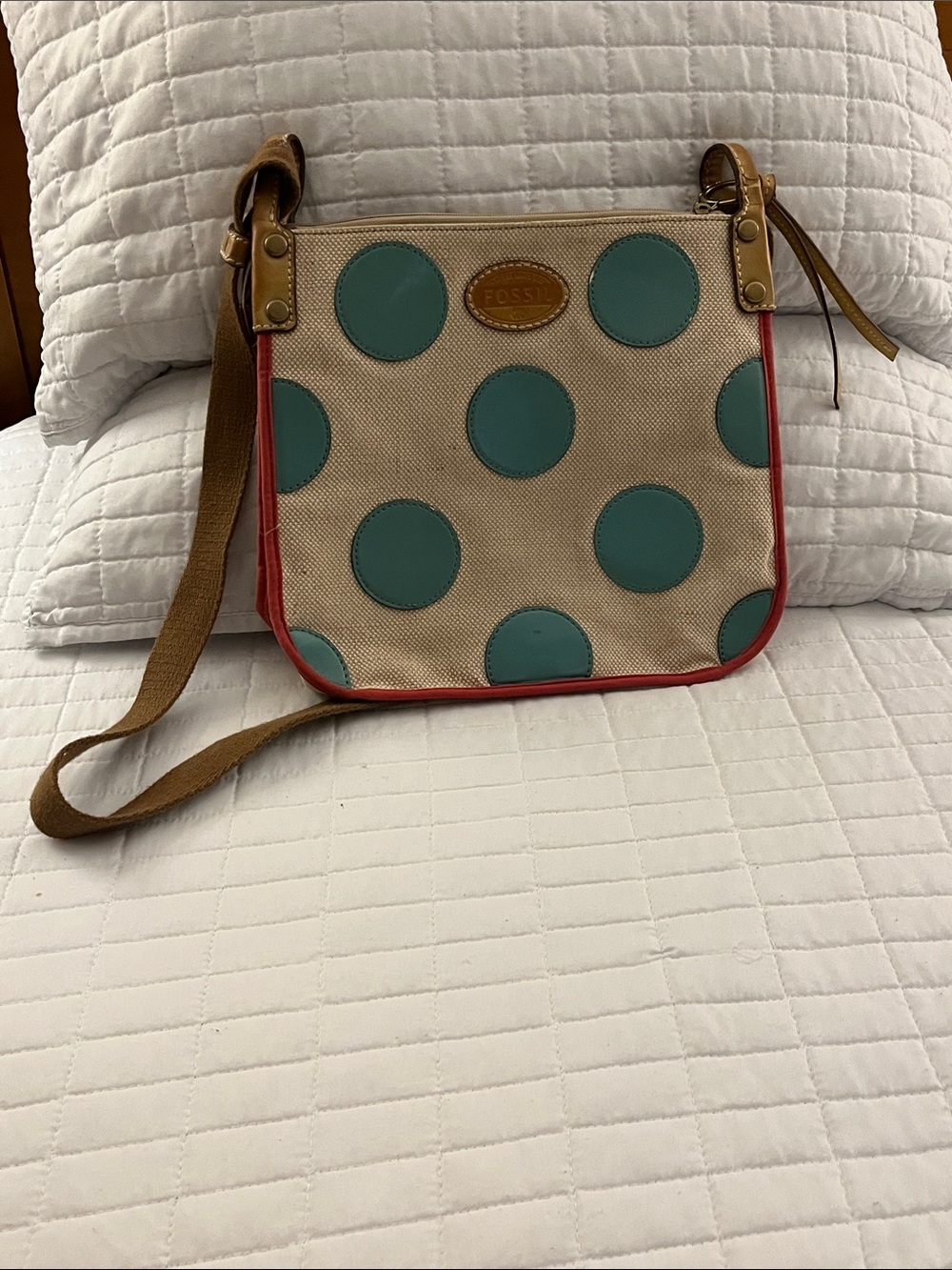 Fossil Teal w/Red Trim Canvas Polka Dot Crossbody w/Brown Web Adjustable Strap